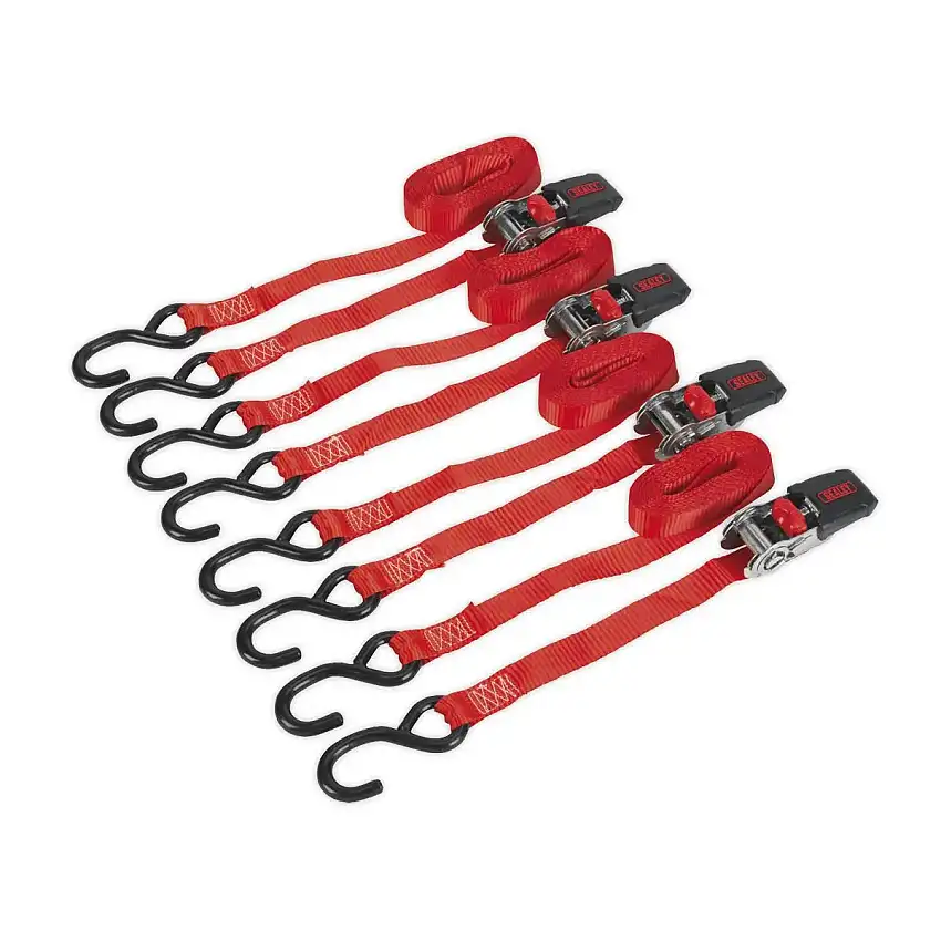Sealey 2 Pairs 25mm x 4m Ratchet Tie Down Cargo Lash with S Hooks 800kg Securing