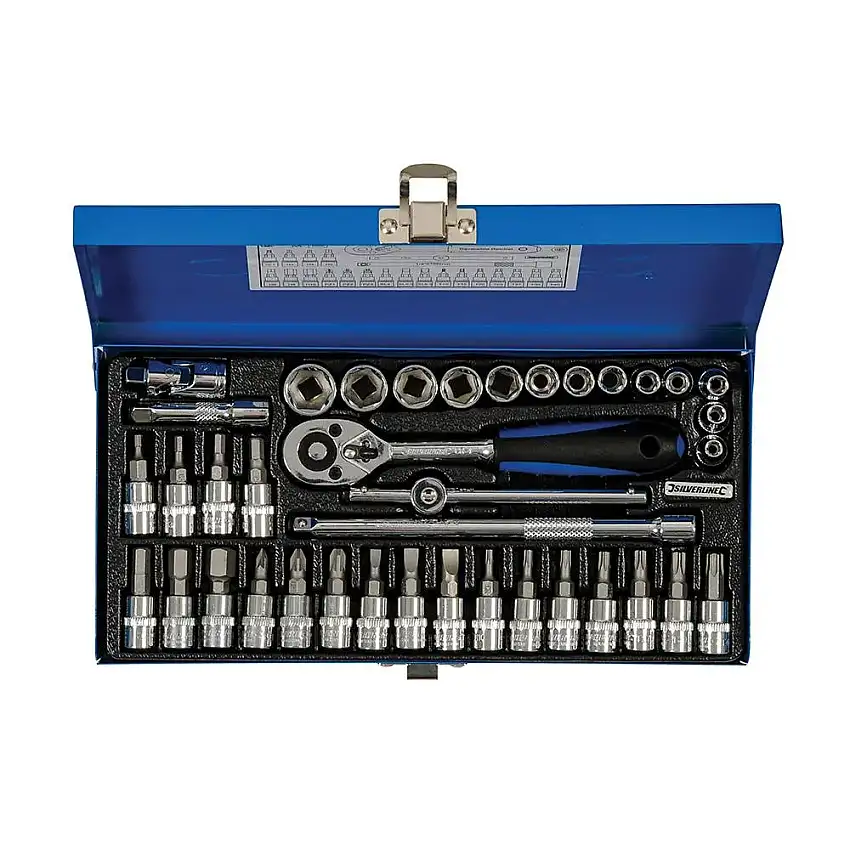 Silverline 38 Piece 1/4" Drive Metric Socket Wrench Set Extension Bar Ratchet Handle