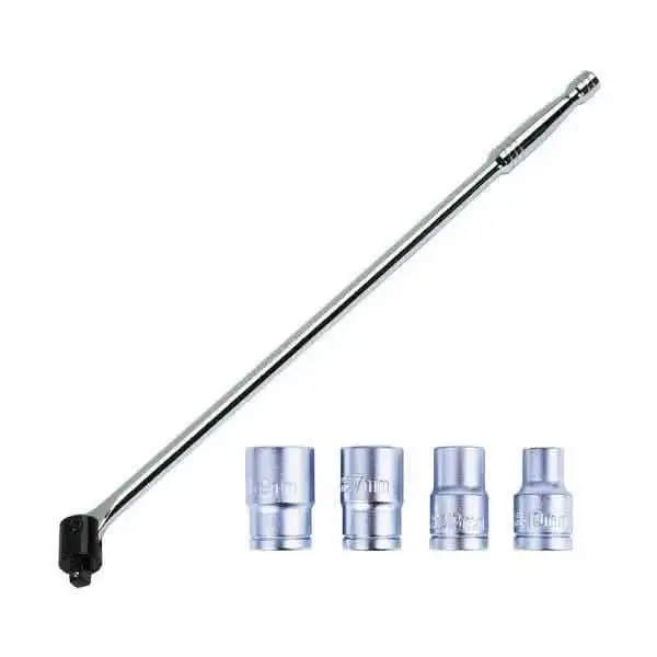 1/2" Dr Knuckle Flexi Breaker Bar 24" Long + 4Pc Socket Set Chrome Vanadium