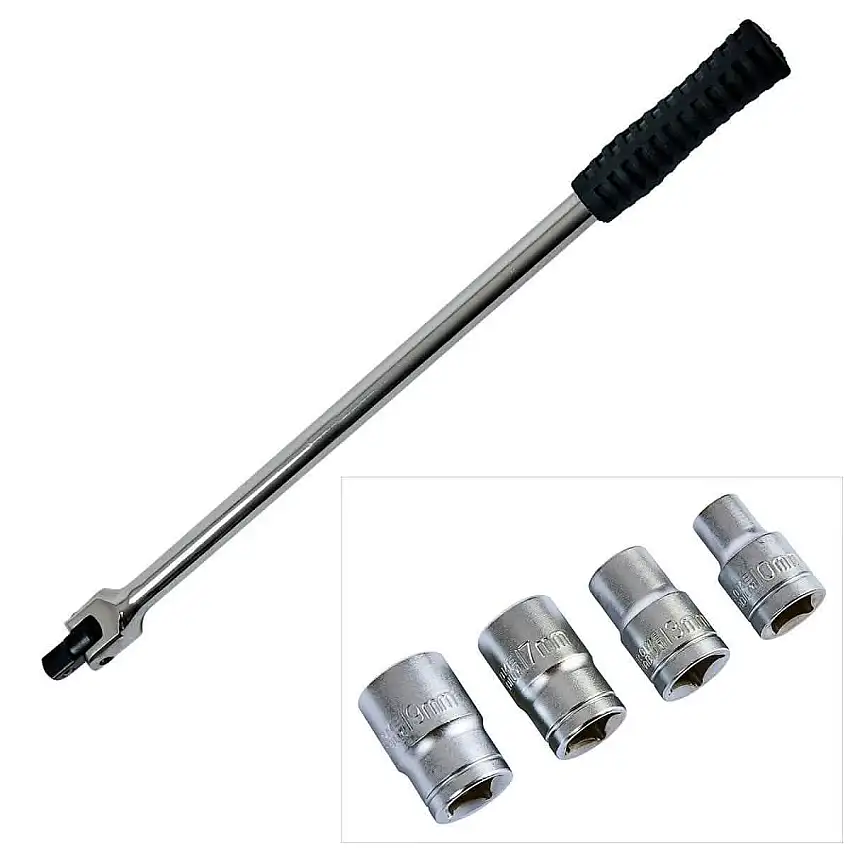 1/2" SQ. DR. 18" LONG FLEXI KNUCKLE BREAKER BAR + 4PC SOCKETS 10mm 13mm 17mm 19m