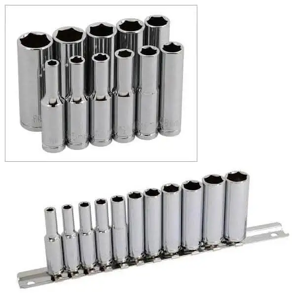 1/4" Socket Set Deep + Storage Rail 4Mm-13Mm Metric Chrome Vanadium Steel 11Pc