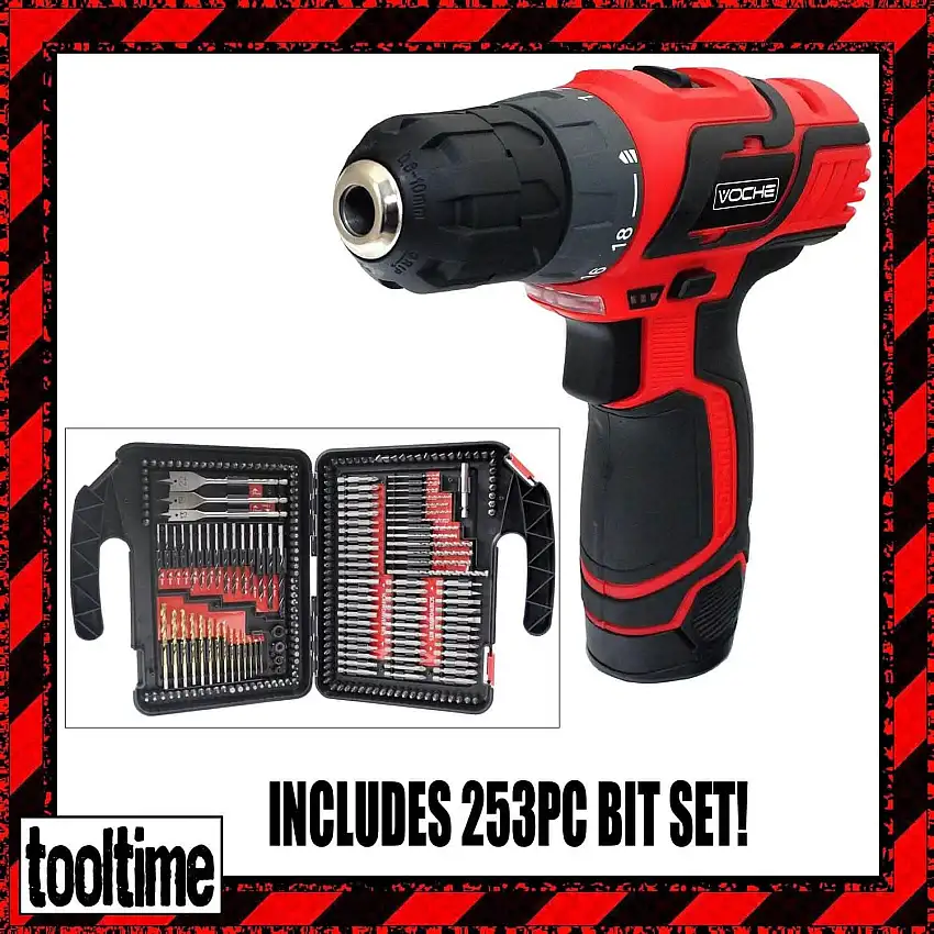 Voche® 12V Li-Ion Rechargeable Cordless Drill Driver Fast Charger +253Pc Bit Set